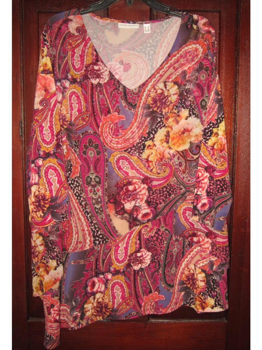 Susan Graver Plus Sz 1X Stretch Blouse Top Shirt Tunic Tiered Paisley Lagenlook